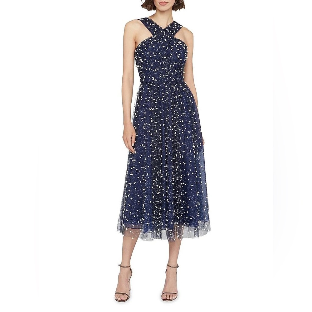 Theia Tatianna Navy Cross-Strap Pearl-Embellished Tulle Midi Dress